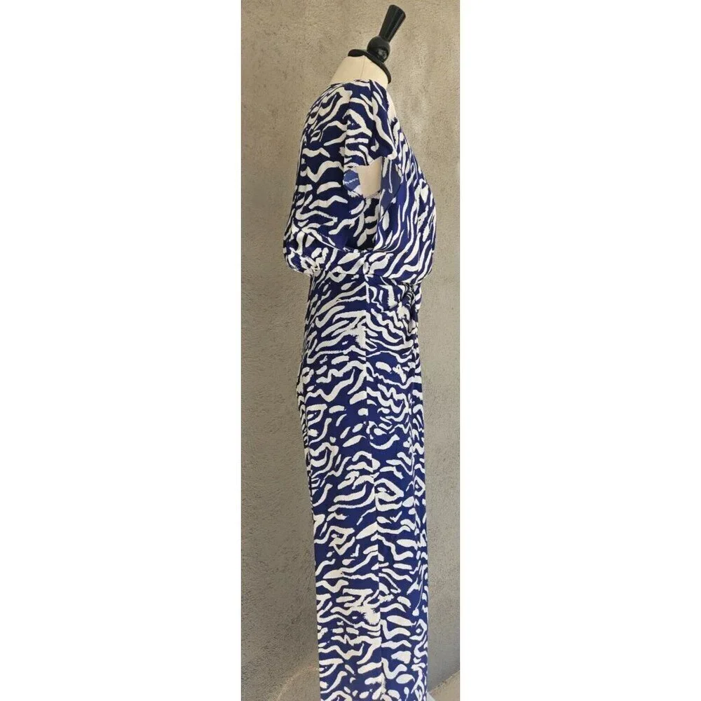 PRABAL GARUNG Blue and White Printed Silk Long Dress Ruched Bodice Size 8 - Picture 3 of 11